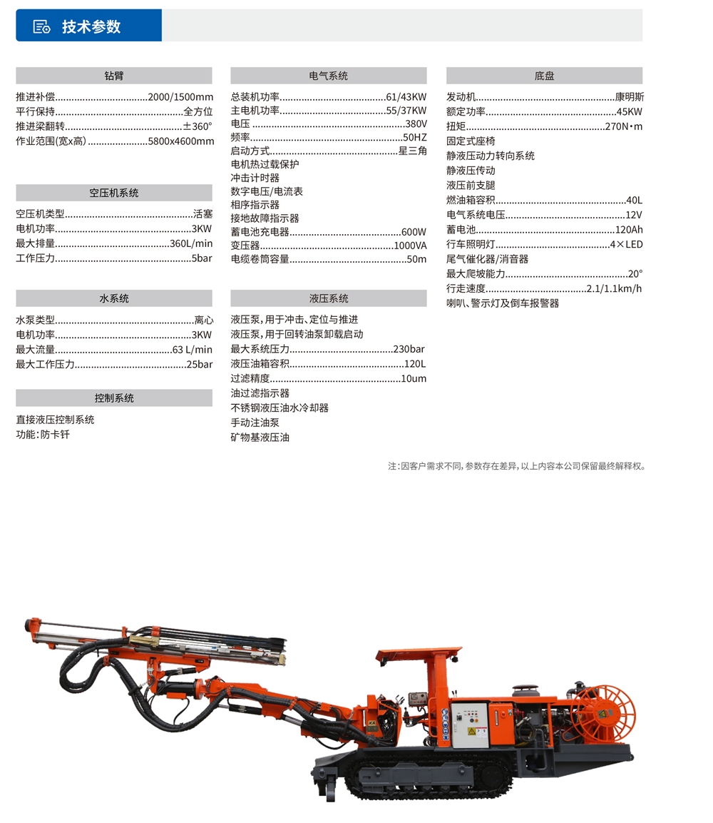 履帶式礦用(use)液壓掘進鑽車技術參數